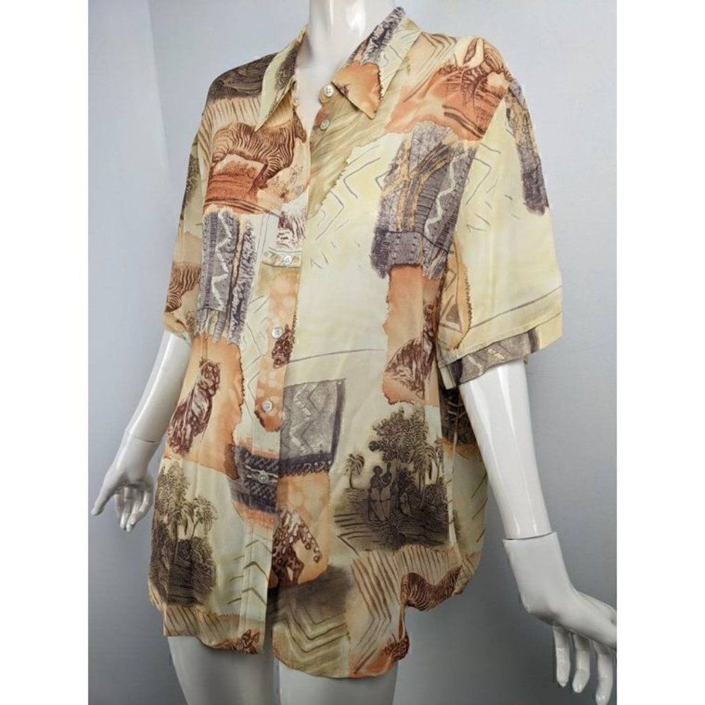 Sheer summer blouse with safari print Vintage 90s button down size medium